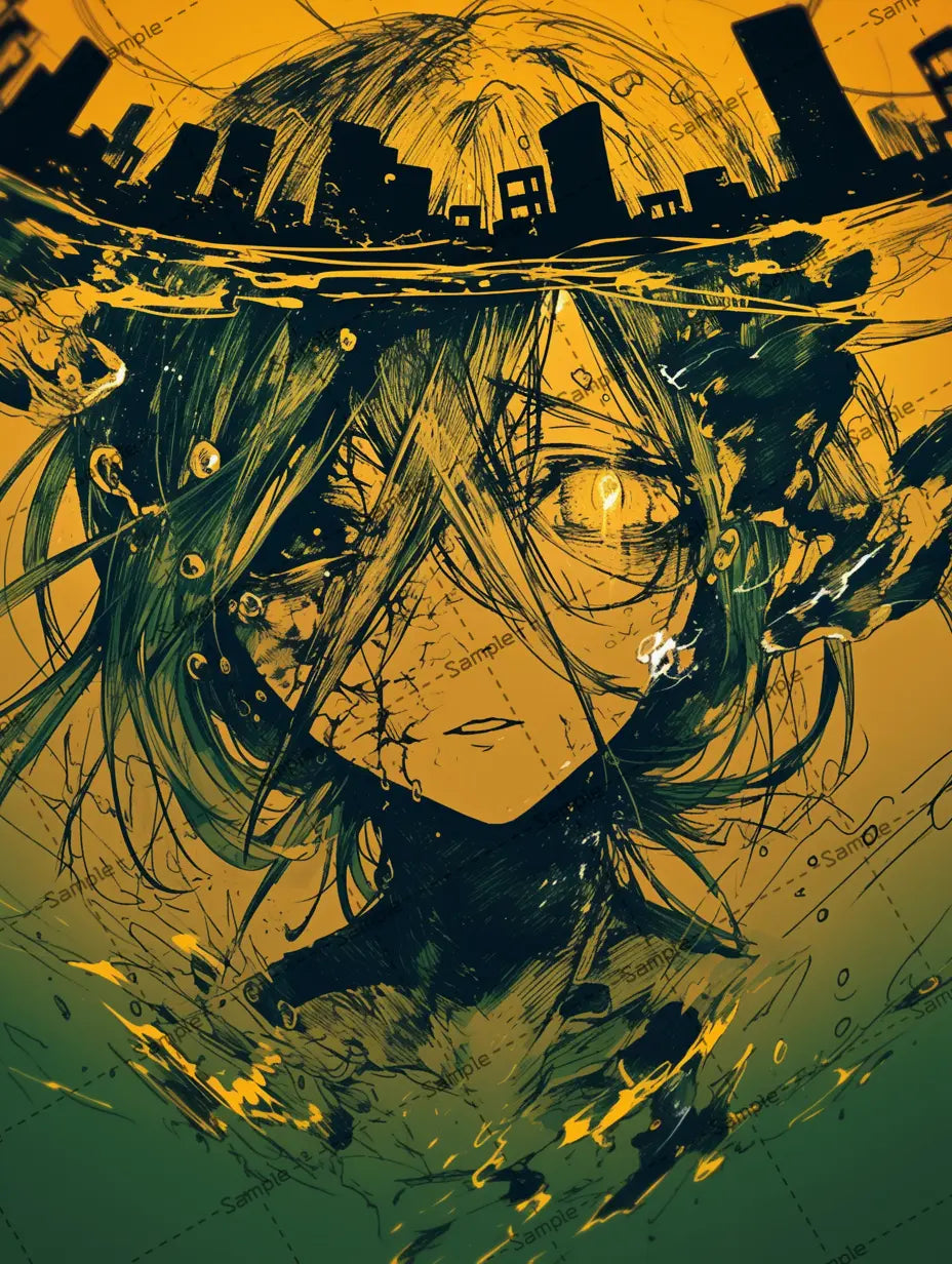 水の中に沈んでいる女の子と都市のイラスト-アイコン AI イラスト