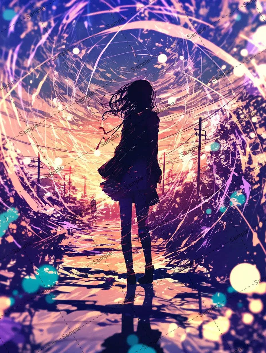 渦巻くカラフルな光線に囲まれた女の子の後ろ姿イラスト-アイコン AI イラスト