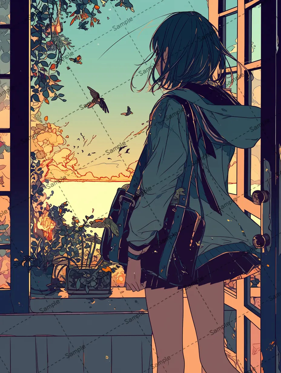 海を眺めながら立っているアニメの女子高生の後ろ姿イラスト-アイコン AI イラスト