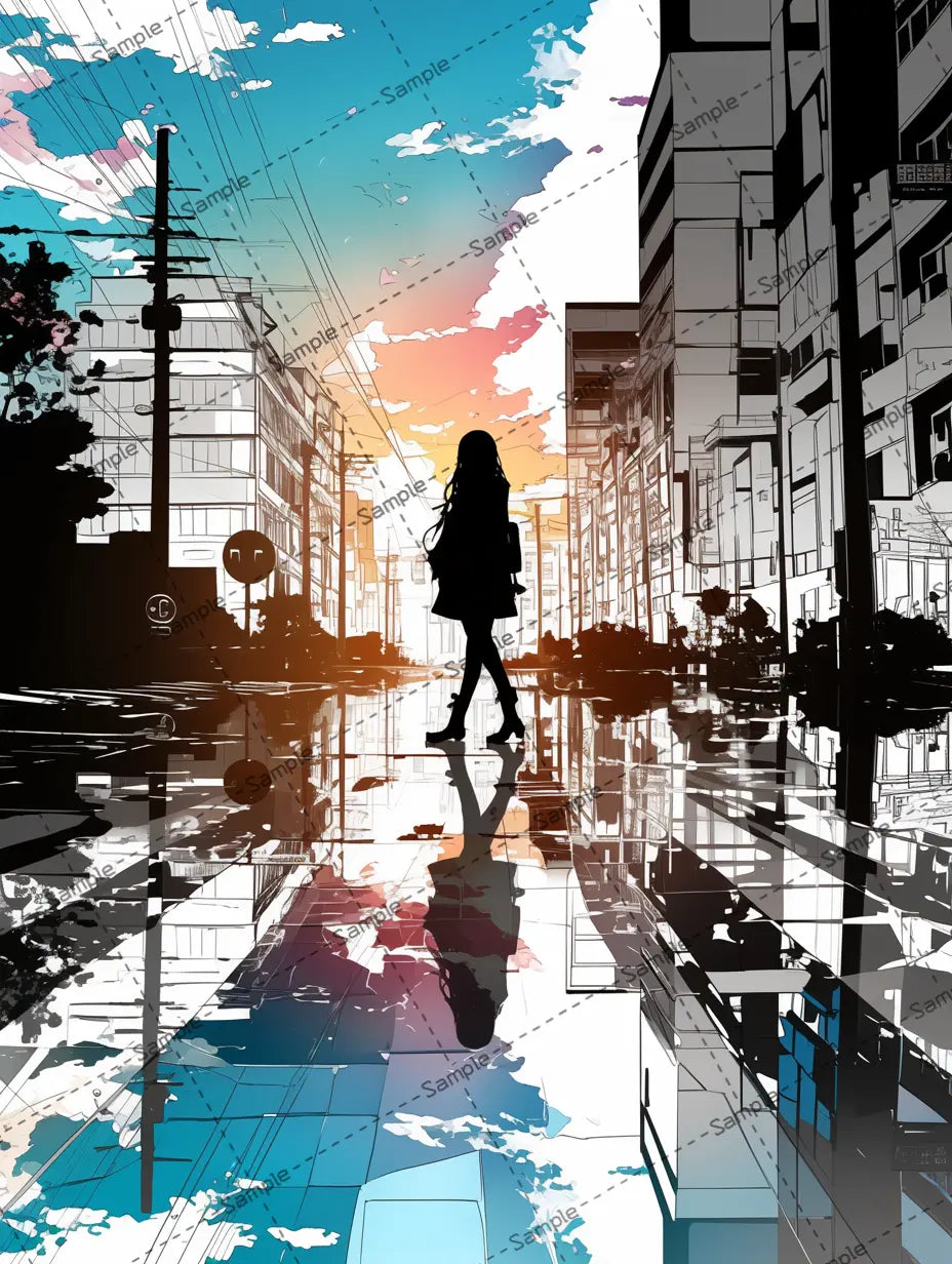 都会を歩く女の子のシルエットのイラスト AI イラスト