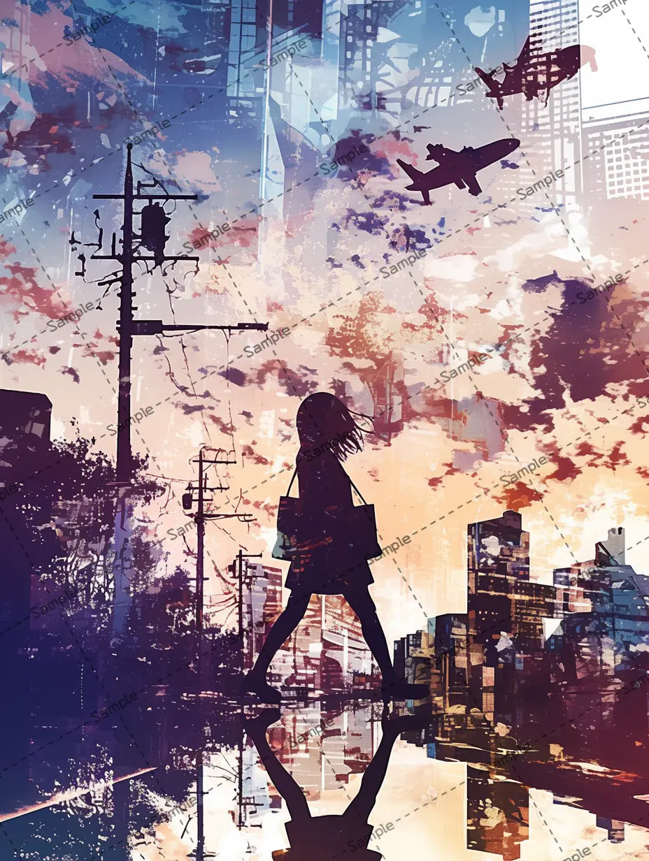 都会を歩く女の子のシルエットのイラスト AI イラスト