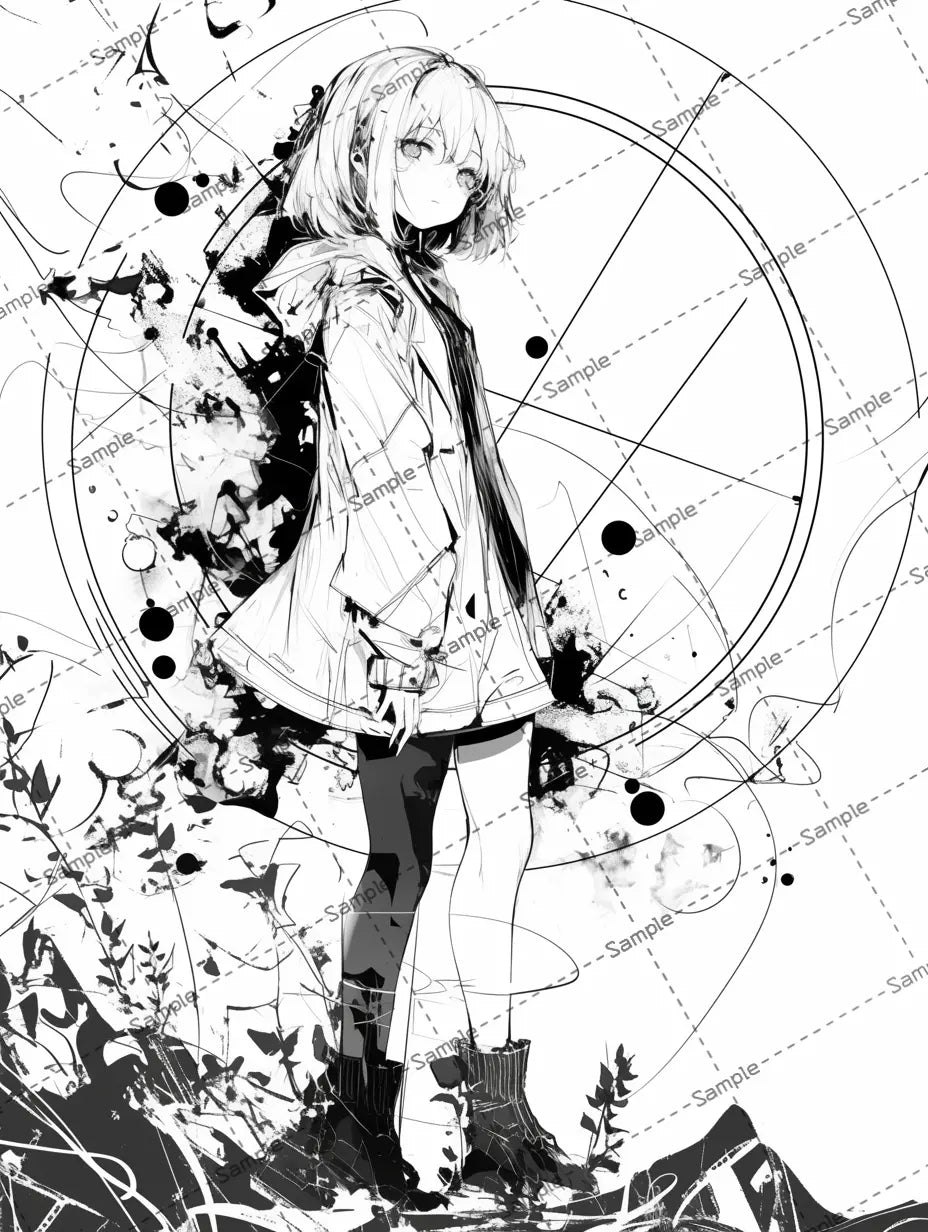 デザインに囲まれた女の子のイラスト-アイコン/モノクロデザイン AI イラスト