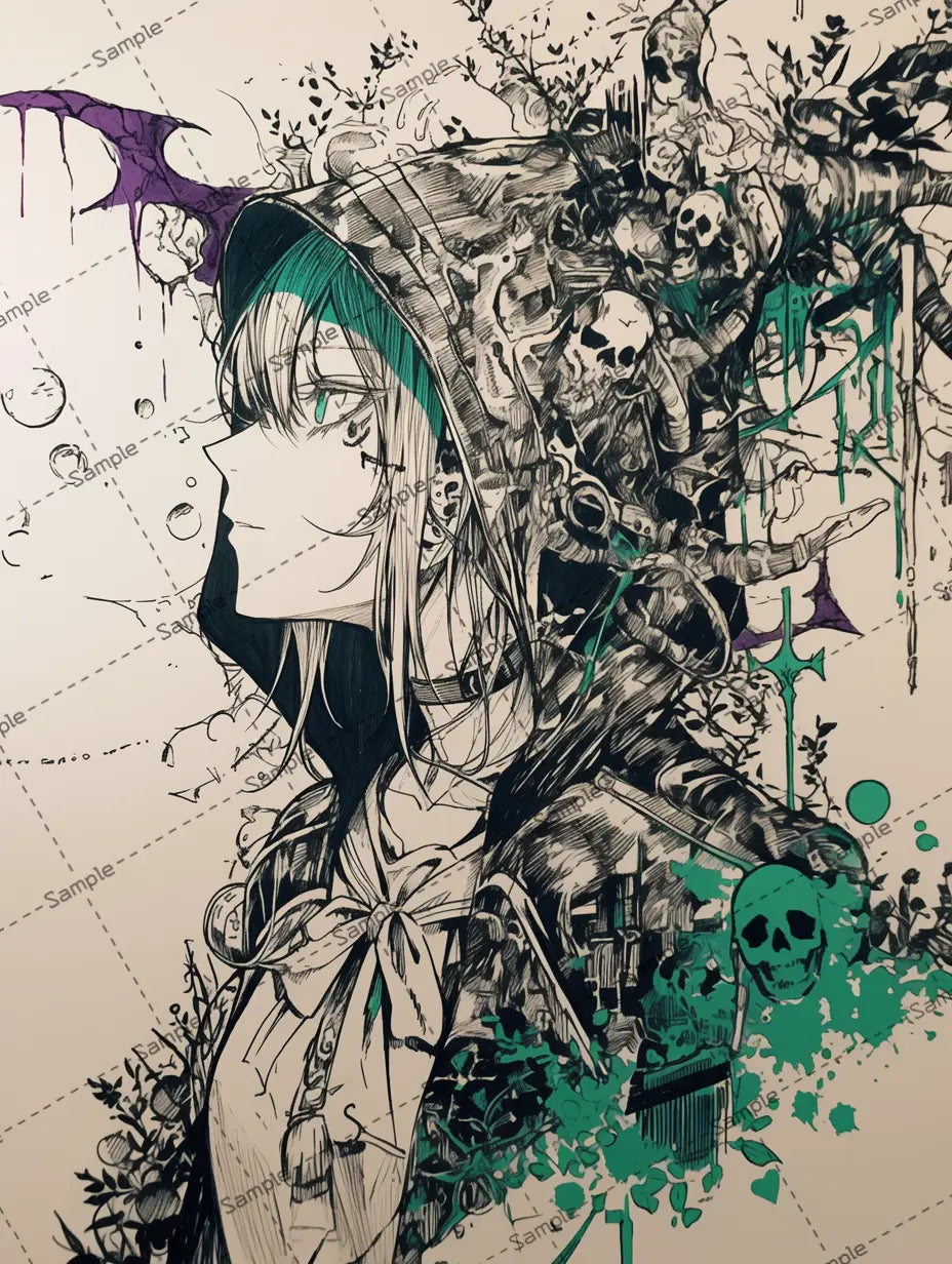ドクロと植物に囲まれた女の子のイラスト-アイコン AI イラスト