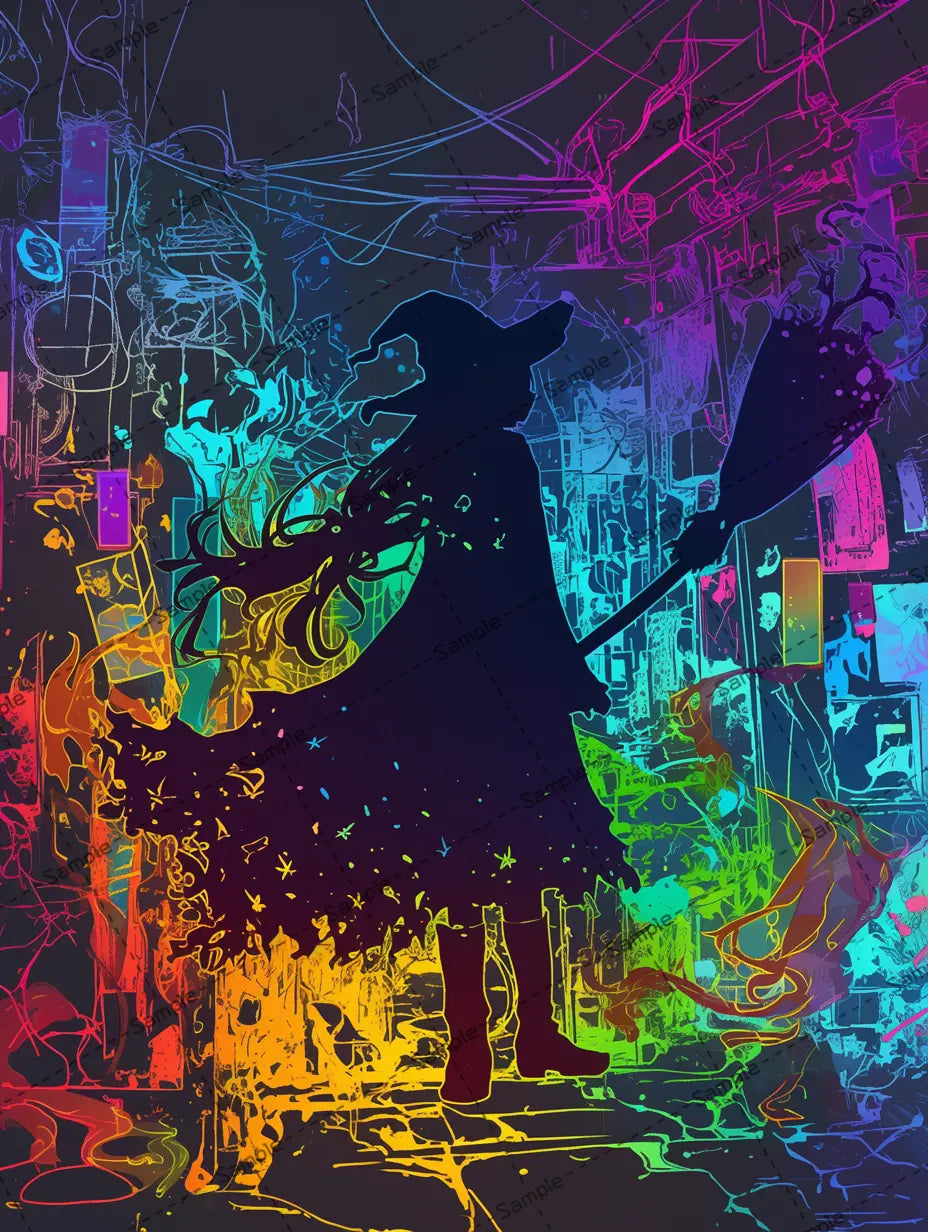 ネオンカラーの街並みにいる魔女のシルエットのイラスト-アイコン AI イラスト