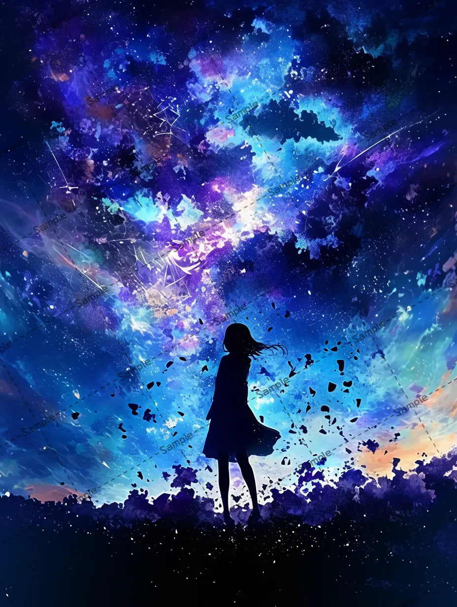 満天の星空を見上げている少女のシルエットのイラスト AI イラスト