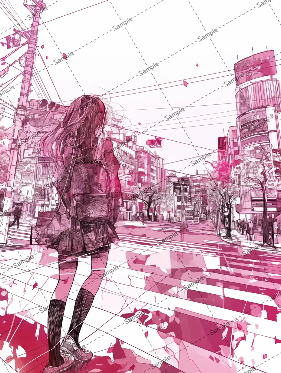 横断歩道を渡る女の子のイラスト-アイコン/ピンクの世界 AI イラスト