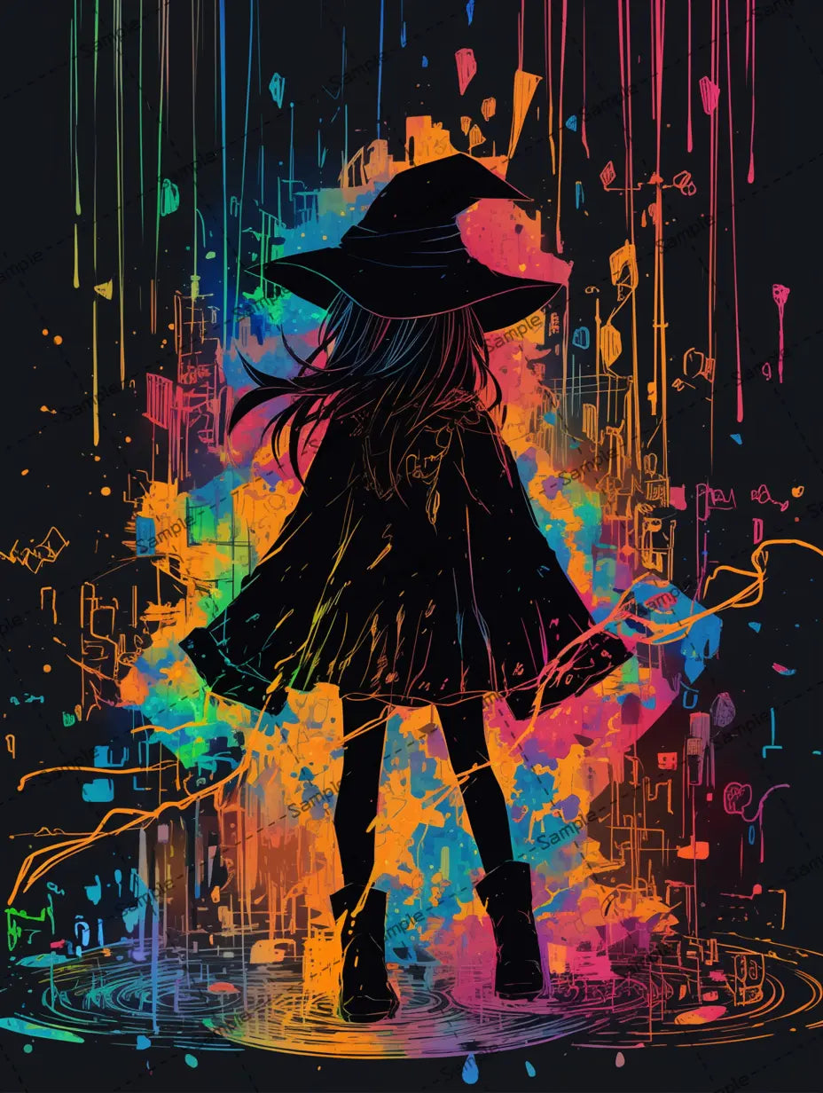 カラフルなペイントを浴びる魔女のイラスト-アイコン AI イラスト