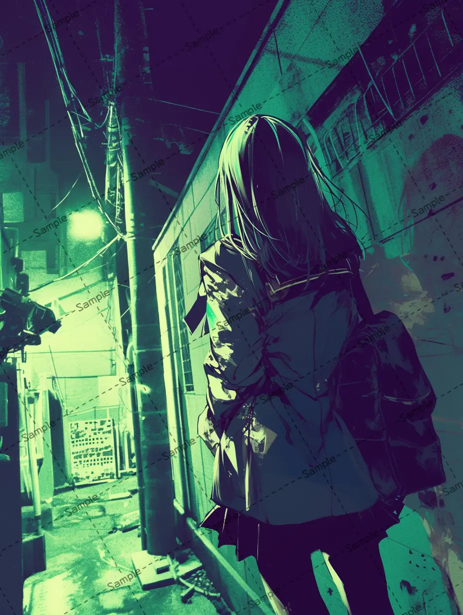 路地を歩いている女子高校生の後ろ姿のイラスト-アイコン AI イラスト