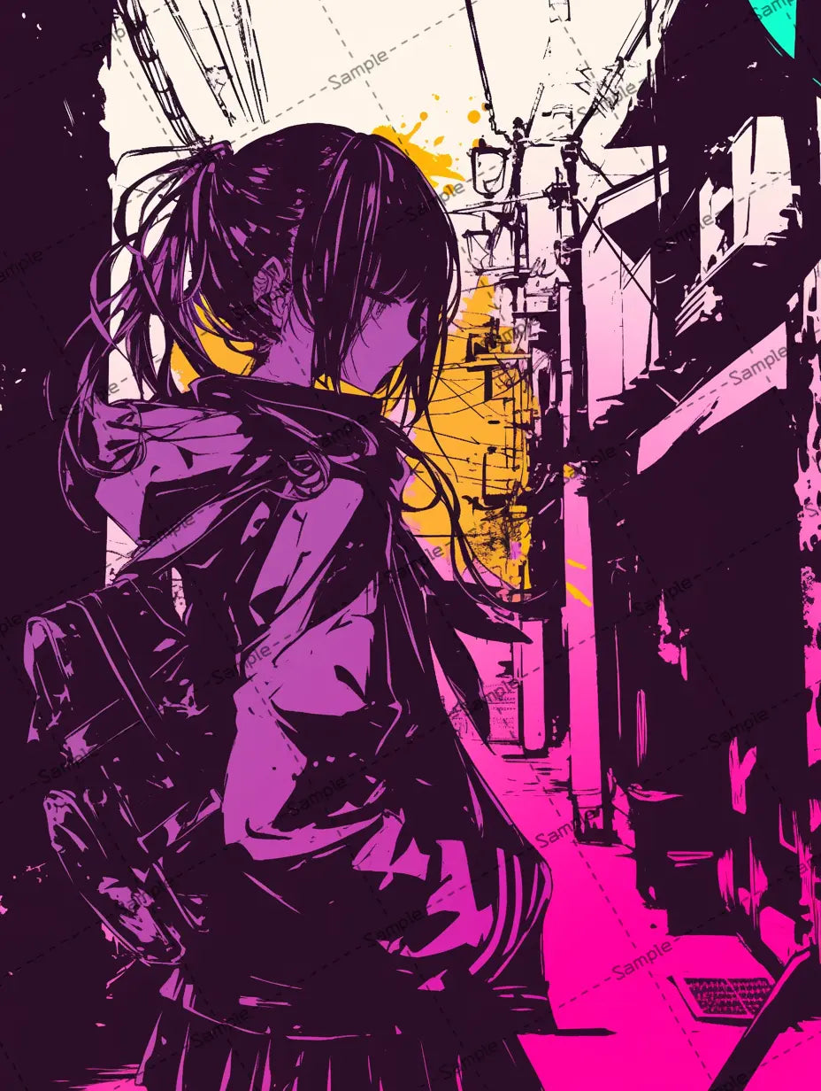 奇妙な街並みを歩く女の子のイラスト AI イラスト