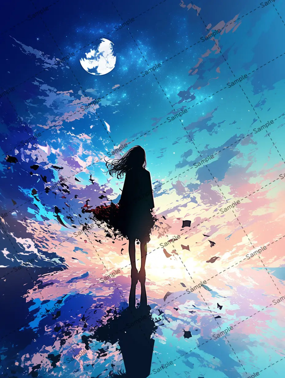 水の上で月を見る女の子のシルエットのイラスト-アイコン AI イラスト