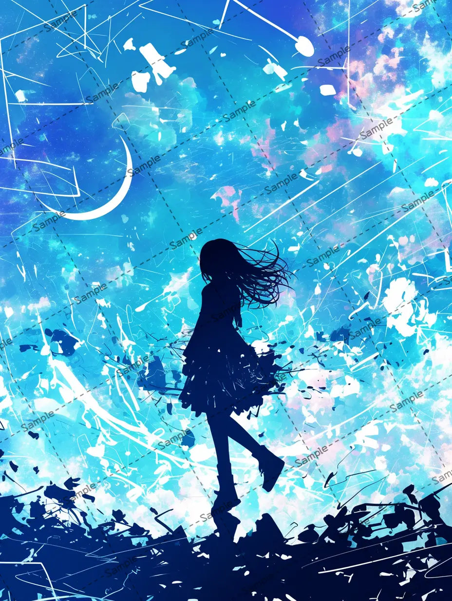 青い空の中を歩く女の子のシルエットのイラスト AI イラスト