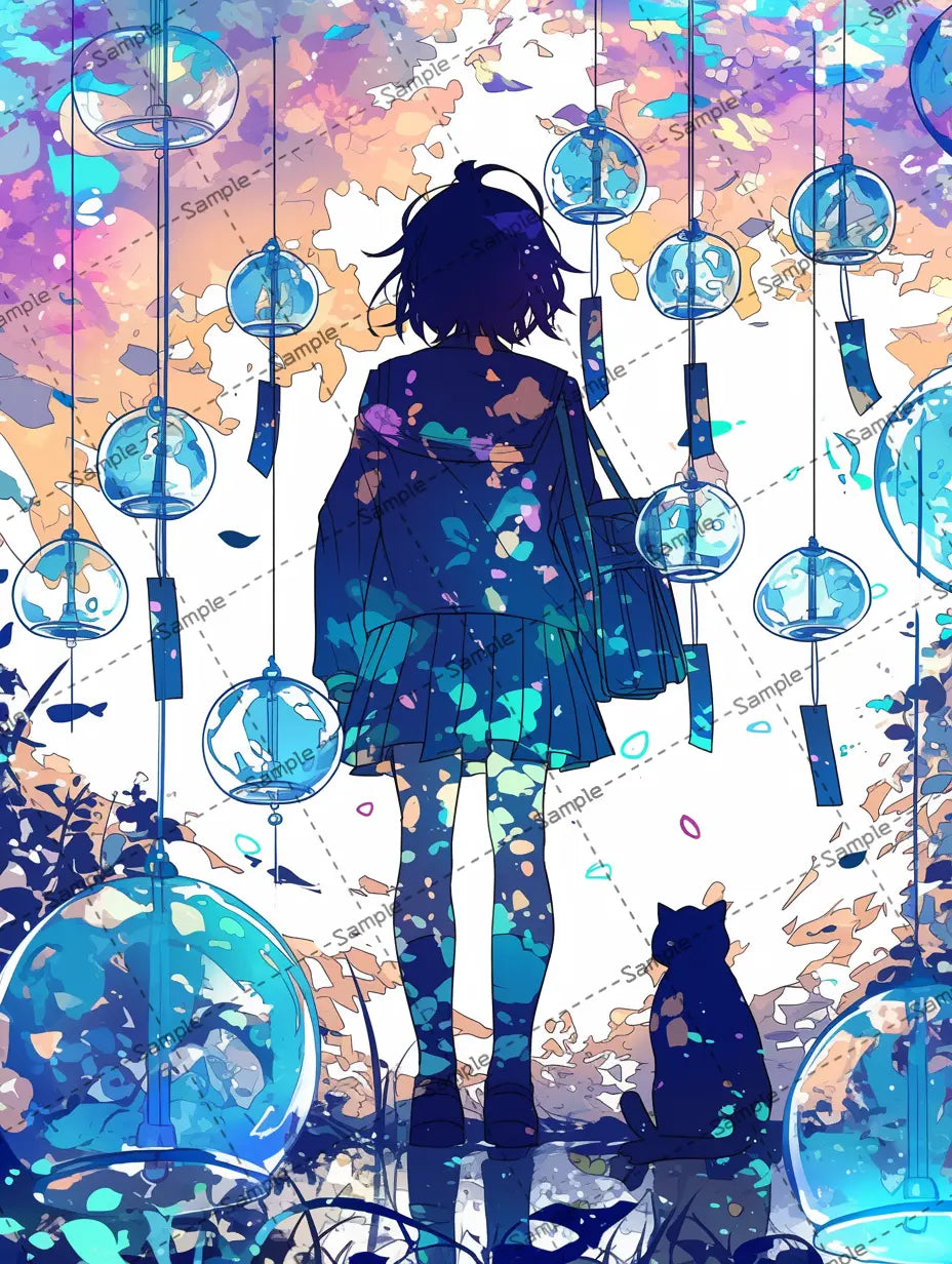 風鈴に囲まれた女の子と猫のイラスト AI イラスト