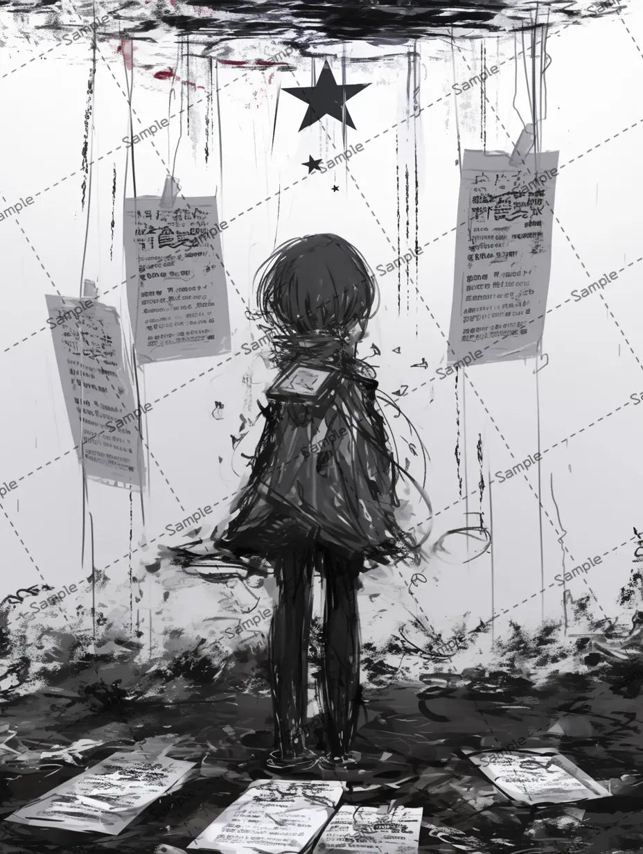 チラシに囲まれた少女のイラスト-アイコン AI イラスト