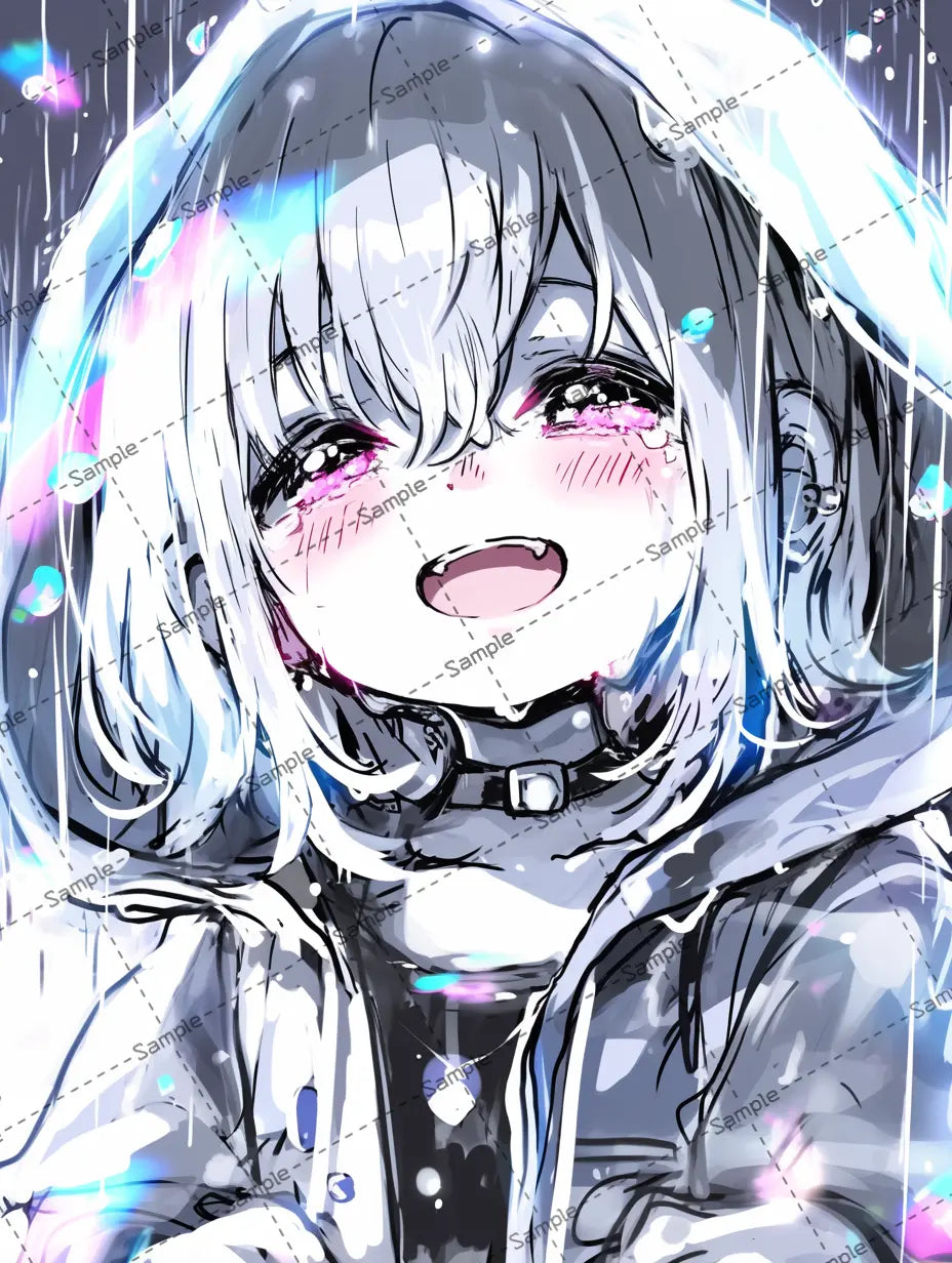 輝く雨の中で微笑む女の子のイラスト AI イラスト