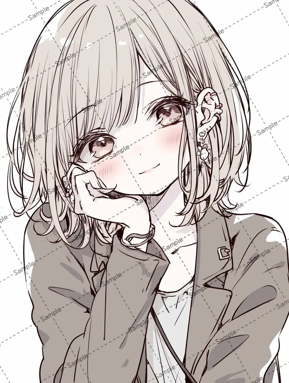 片手にあごを乗せて微笑む女の子のイラスト-アイコン AI イラスト
