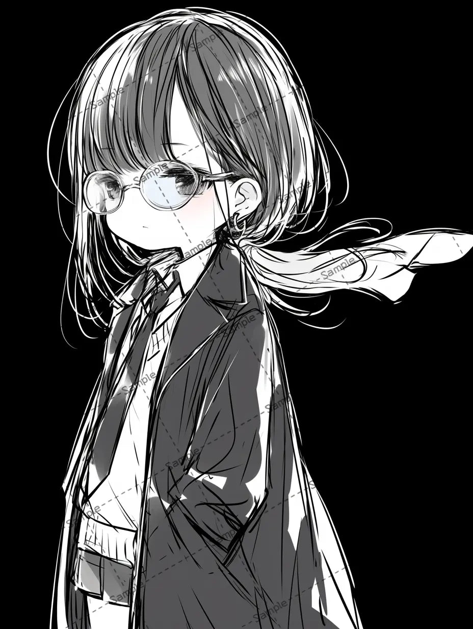 オーバーサイズのコートを着た眼鏡女子のイラスト-アイコン AI イラスト