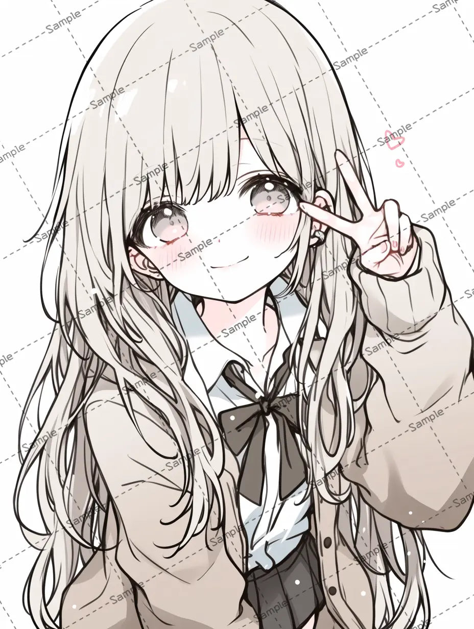 ピースサインする茶髪の女子高校生のイラスト-アイコン AI イラスト