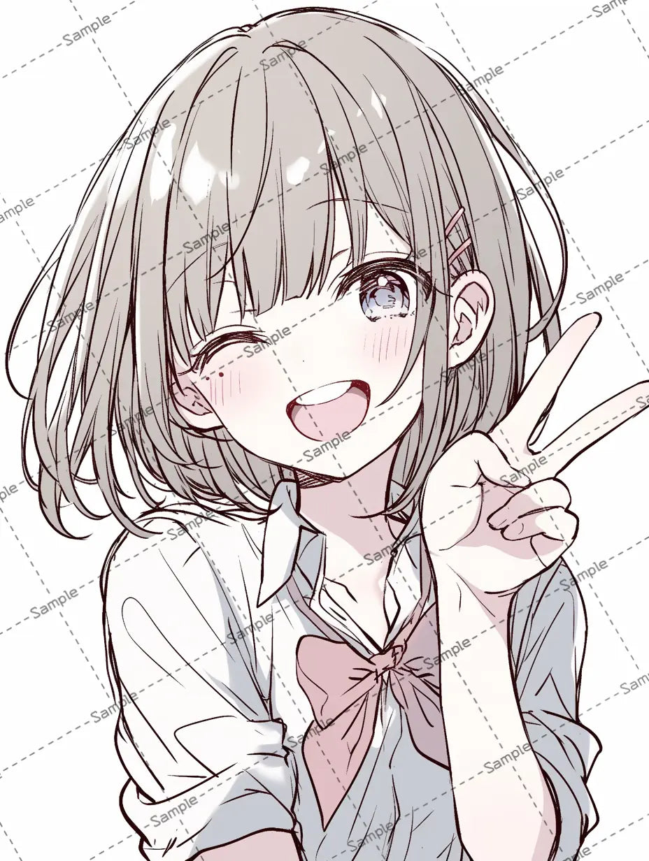 ピースサインするミディアムヘアの女子高校生のイラスト-アイコン AI イラスト