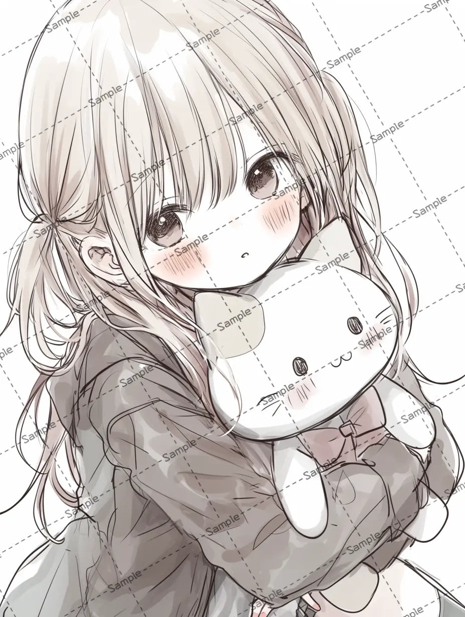 ぬいぐるみを抱いている可愛い女の子のイラスト-アイコン AI イラスト