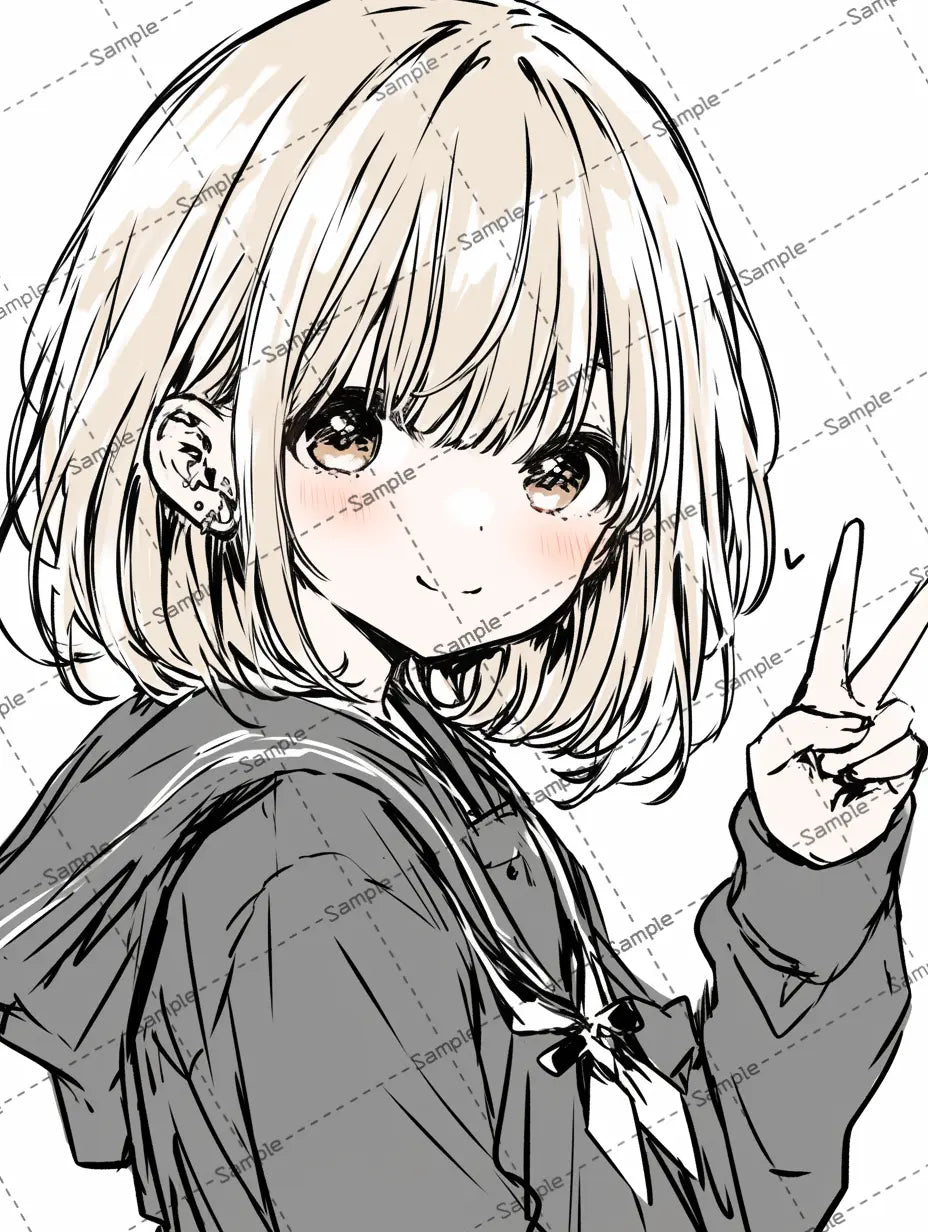 ピースサインするミディアムヘアの女子高校生のイラスト-アイコン AI イラスト