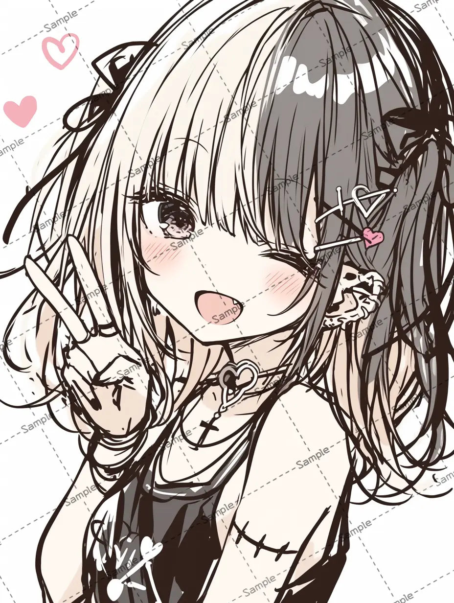 片目を閉じてピースサインする女の子のイラスト-アイコン AI イラスト