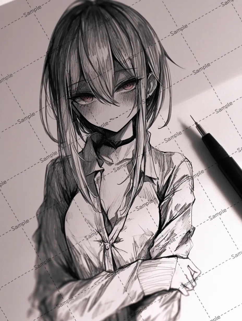 シャーペンで描かれた綺麗な女の子のイラスト-アイコン AI イラスト