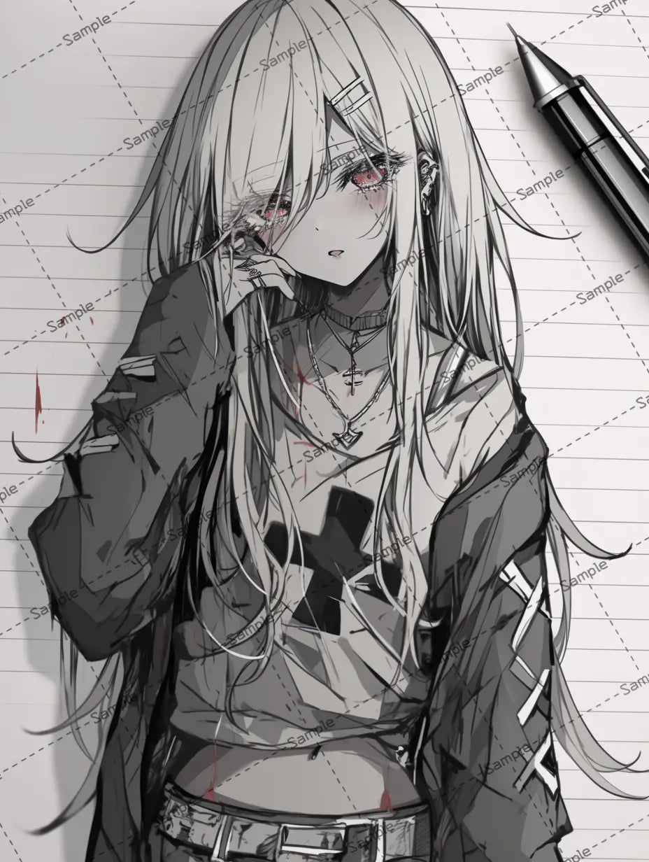 ノートに描かれた髪の長い女の子のイラスト-アイコン AI イラスト