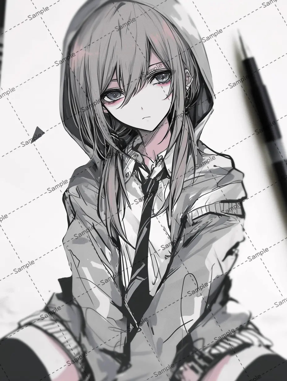 細い線で描かれた女子高校生のイラスト-アイコン AI イラスト