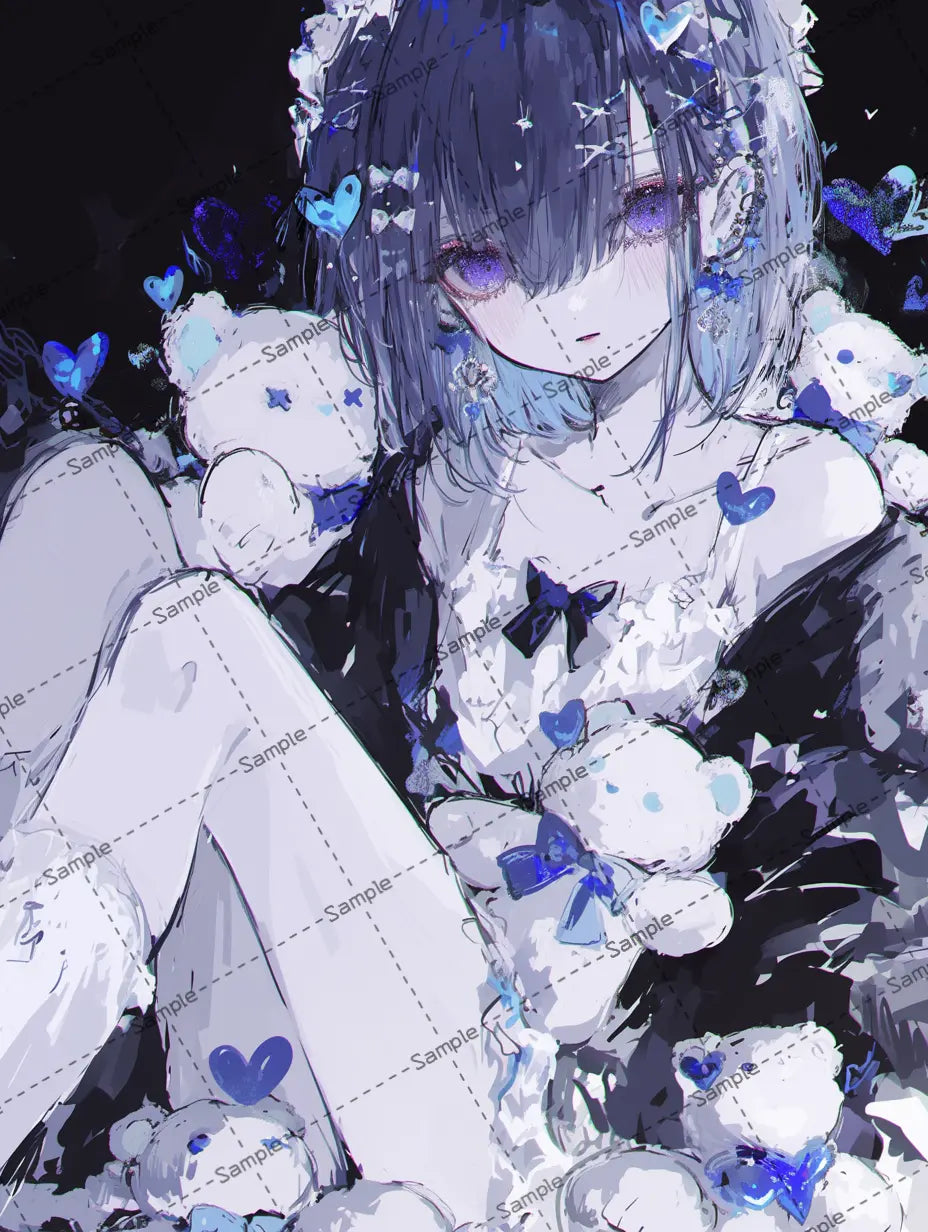 熊のぬいぐるみに囲まれた女の子のイラスト AI イラスト