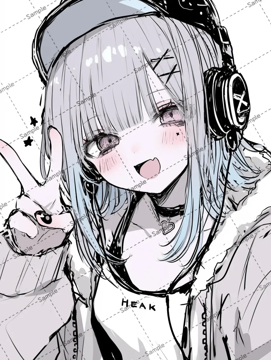 ピースサインする前髪ぱっつんヘアの女の子のイラスト AI イラスト