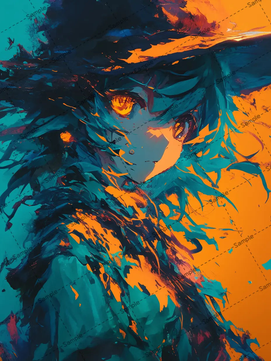 女の子のイラスト/ 明暗の強いコントラスト/ 緑・オレンジ -