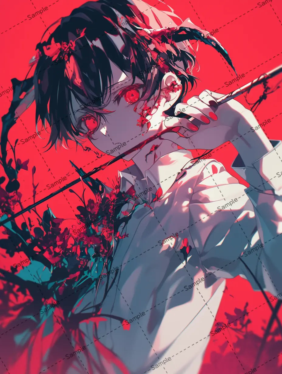 男の子のイラスト/ 赤目/赤花 -