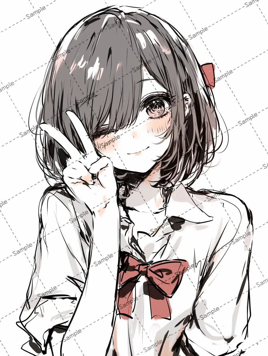 ピースサインをする女子高校生のアイコン AI イラスト