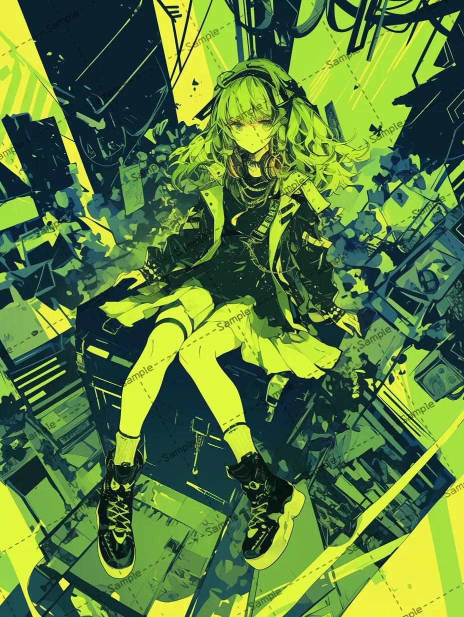 緑髪の女の子のイラスト/ サイバーパンク風 AI イラスト