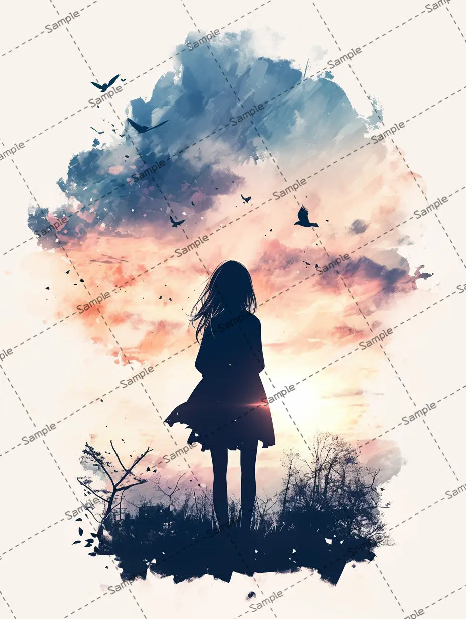 夕暮れ時の女の子の後ろ姿のイラスト AI イラスト