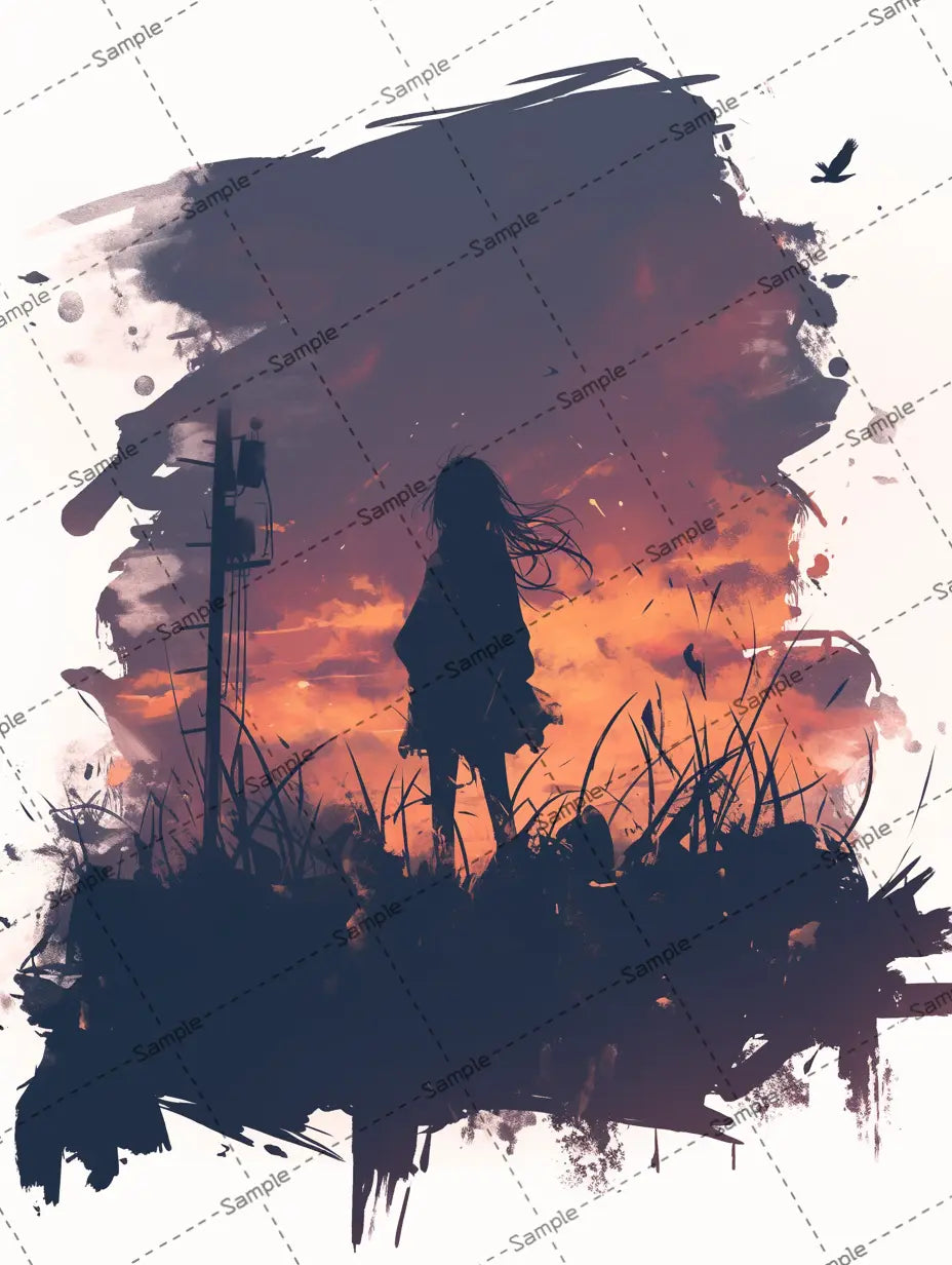 夕暮れ時にいる女の子のシルエットのイラスト AI イラスト