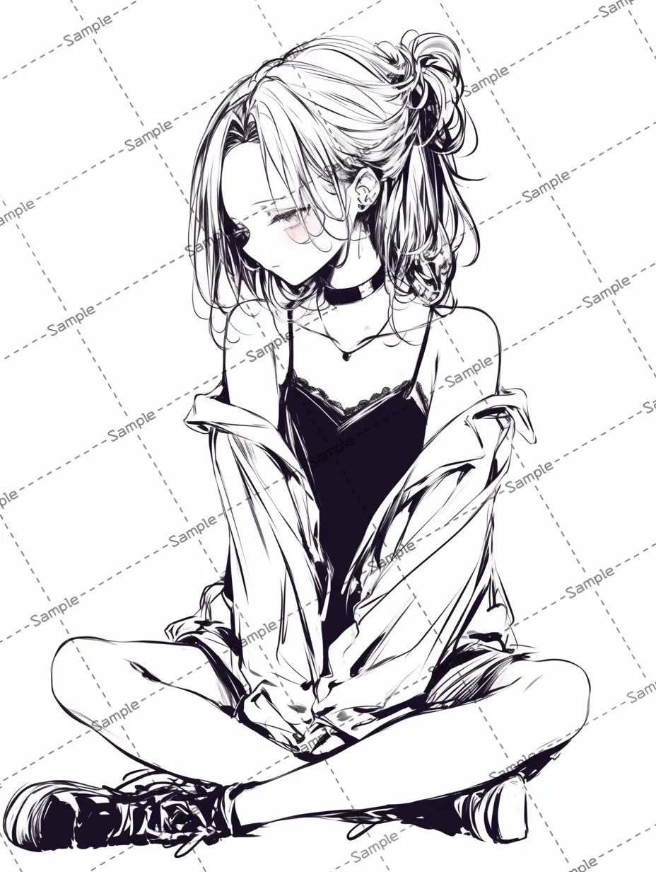 胡坐をかいているオシャレな女の子のアイコン AI イラスト
