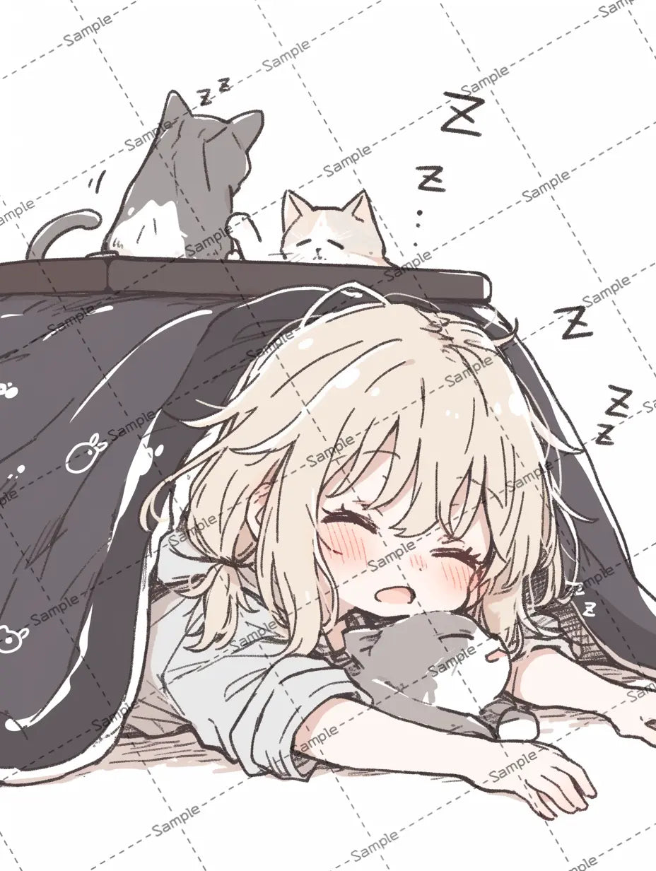 コタツの中で寝ている女の子のイラスト AI イラスト