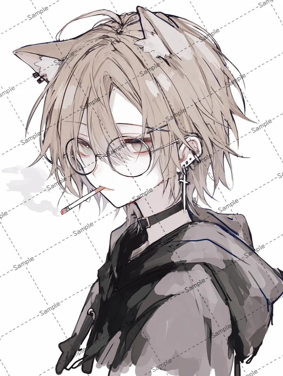 タバコを吸う猫耳男子のアイコン AI イラスト