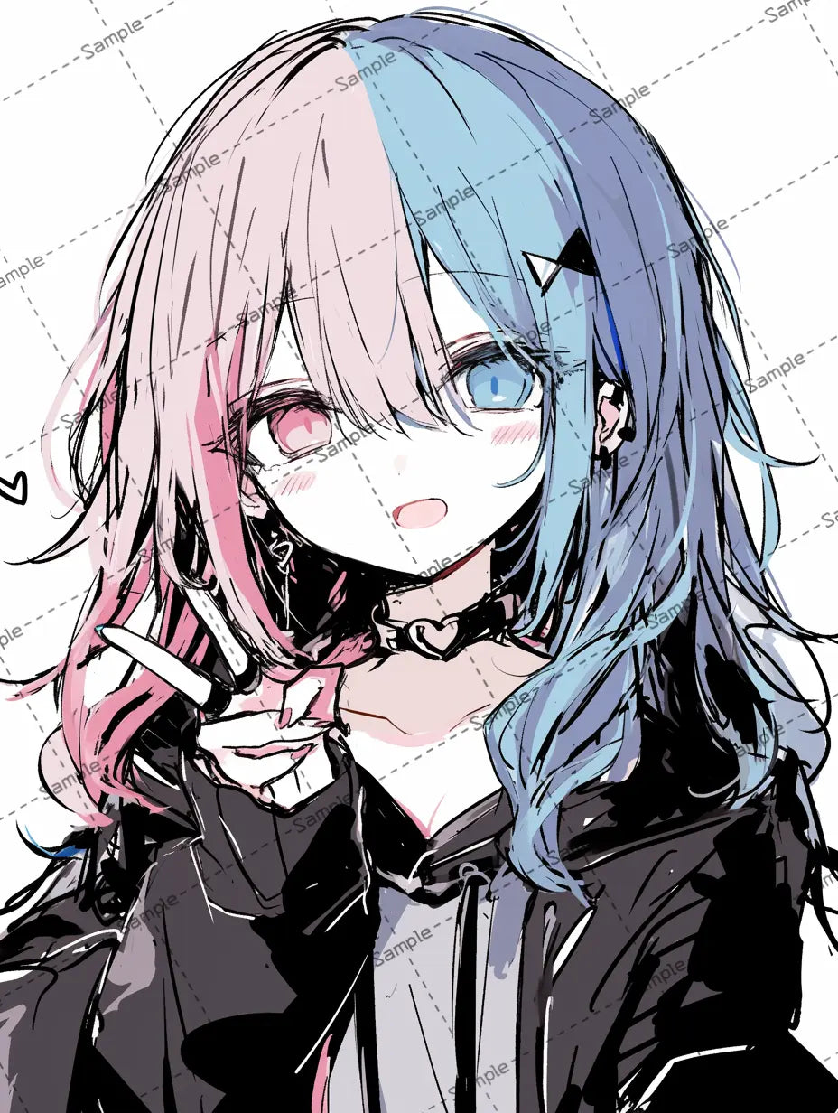 ピースサインをしている女の子のイラスト-アイコン/ オッドアイ AI イラスト