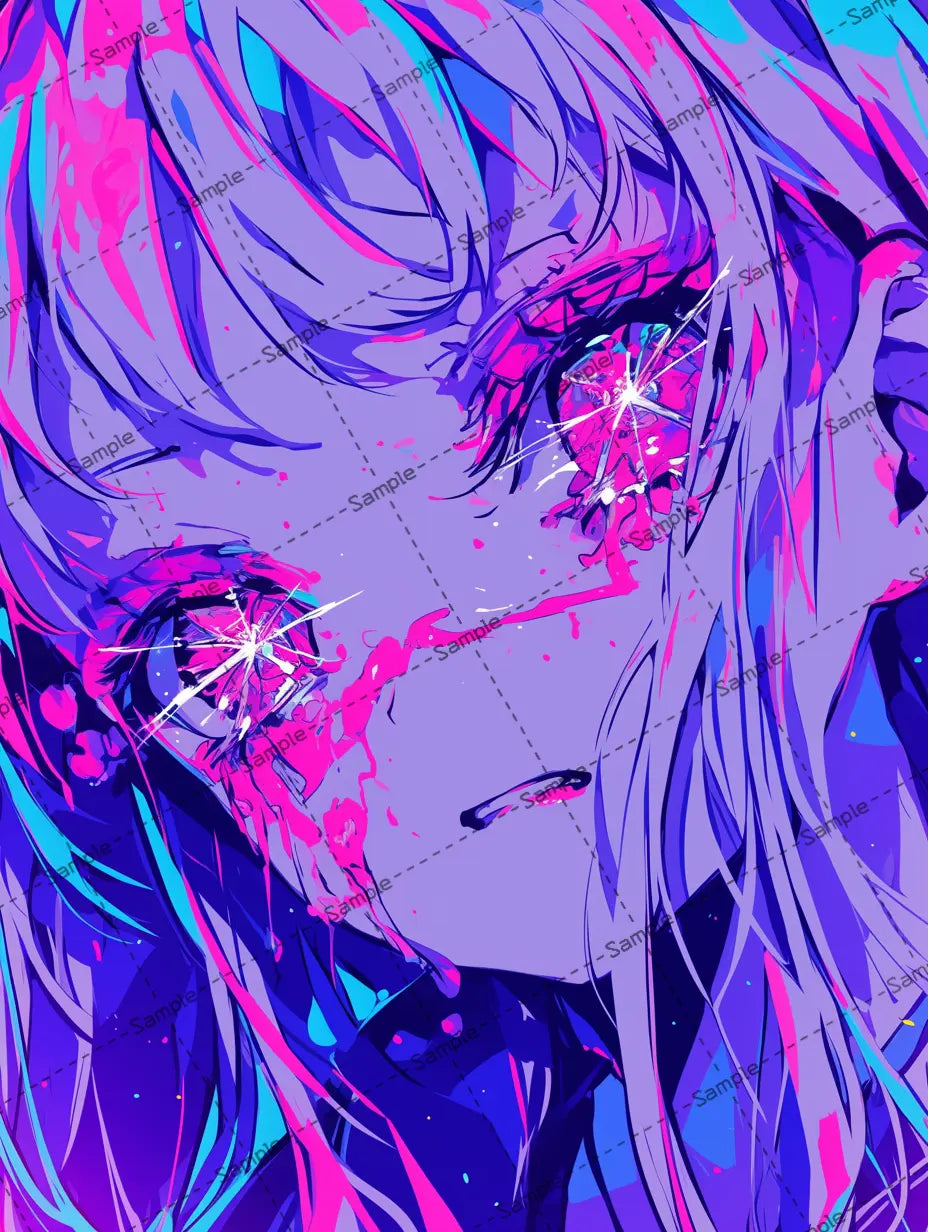 女の子のイラスト-アイコン/明暗の強いコントラスト/青・紫 AI イラスト