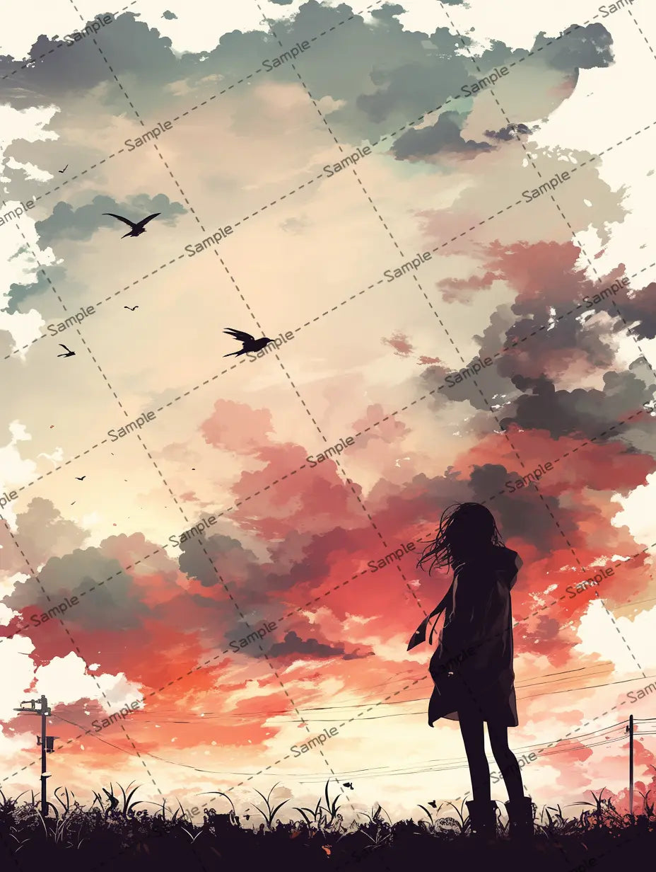 夕焼けの空を眺める女の子の後ろ姿イラスト-アイコン AI イラスト