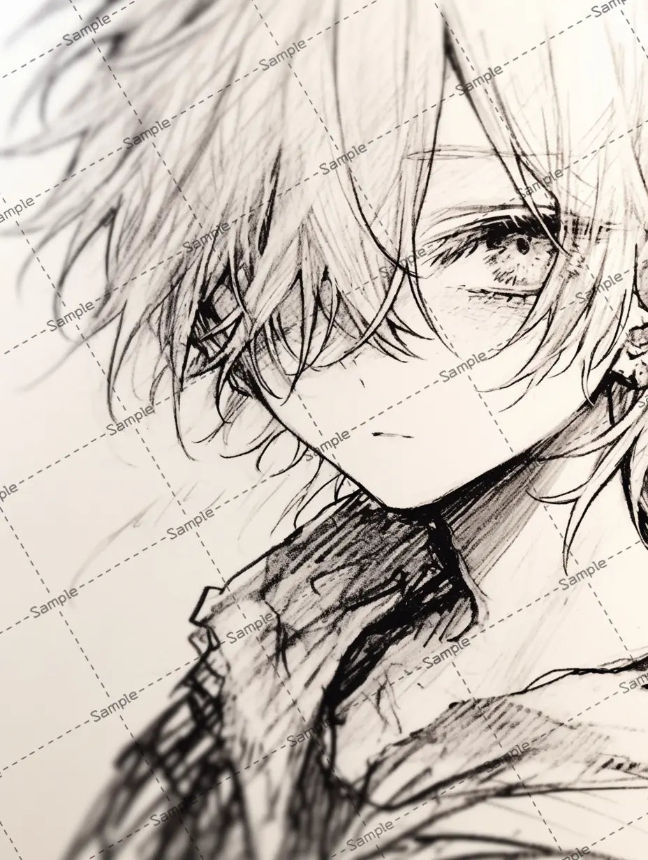 シャープな線で描かれた髪で片目が隠れたカッコイイ男の子のイラスト-アイコン AI イラスト
