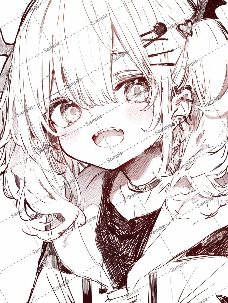 シャープな線で描かれた頬を赤らめている女の子のイラスト-アイコン AI イラスト