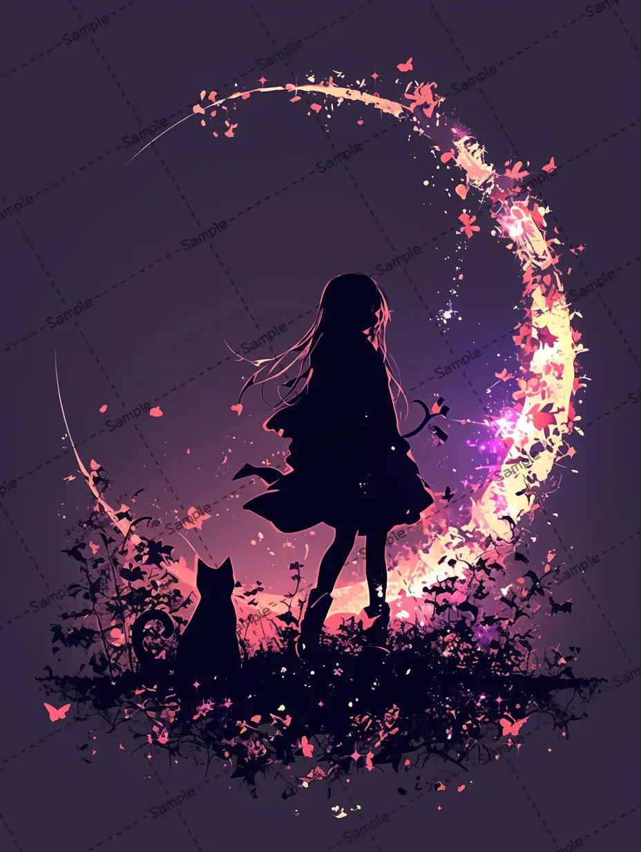 三日月を眺める女の子と猫のシルエットイラスト-アイコン AI イラスト