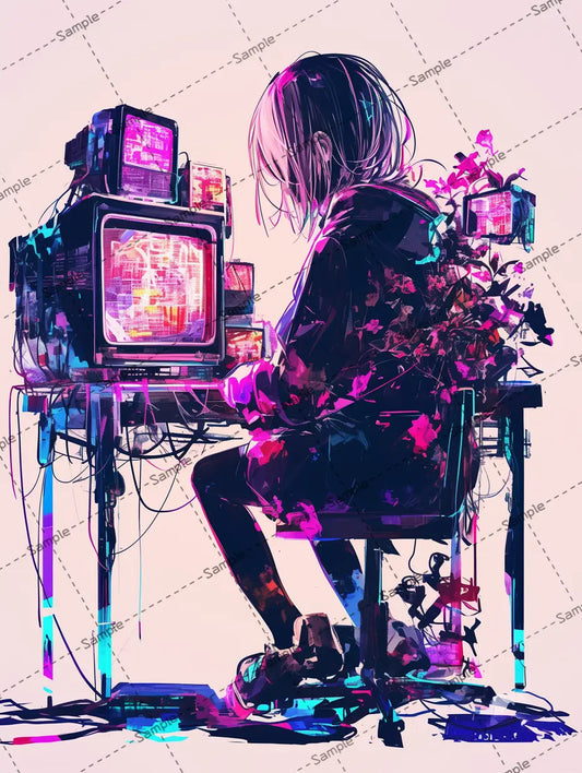 ブラウン管テレビを見る女の子のイラスト-アイコン AI イラスト