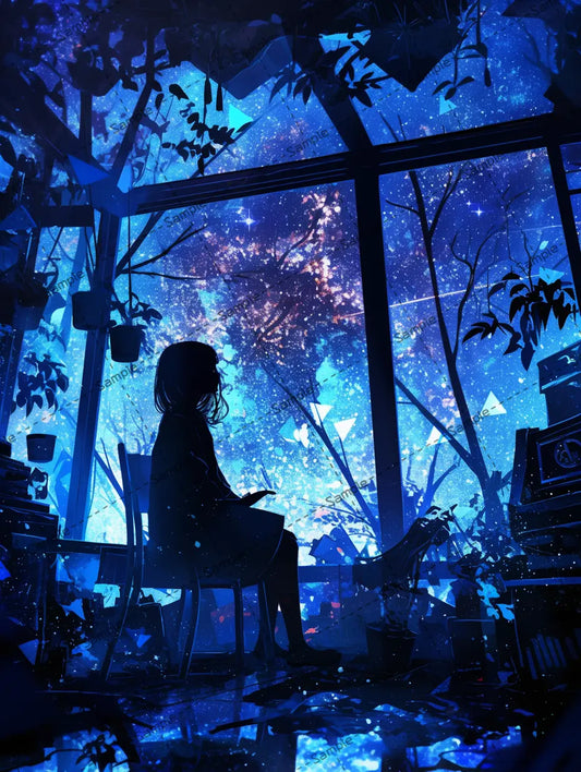 窓の外に広がる満天の星を眺める女の子のイラスト-アイコン AI イラスト