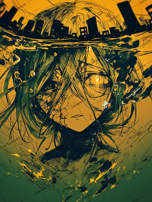 水の中に沈んでいる女の子と都市のイラスト-アイコン AI イラスト