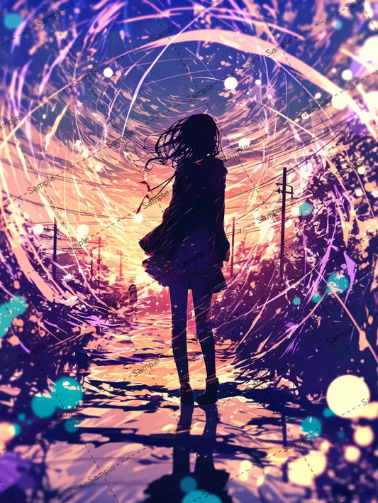 渦巻くカラフルな光線に囲まれた女の子の後ろ姿イラスト-アイコン AI イラスト