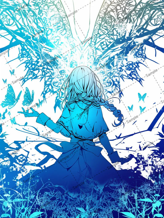 花草や蝶に囲まれた女の子の後ろ姿のイラスト AI イラスト